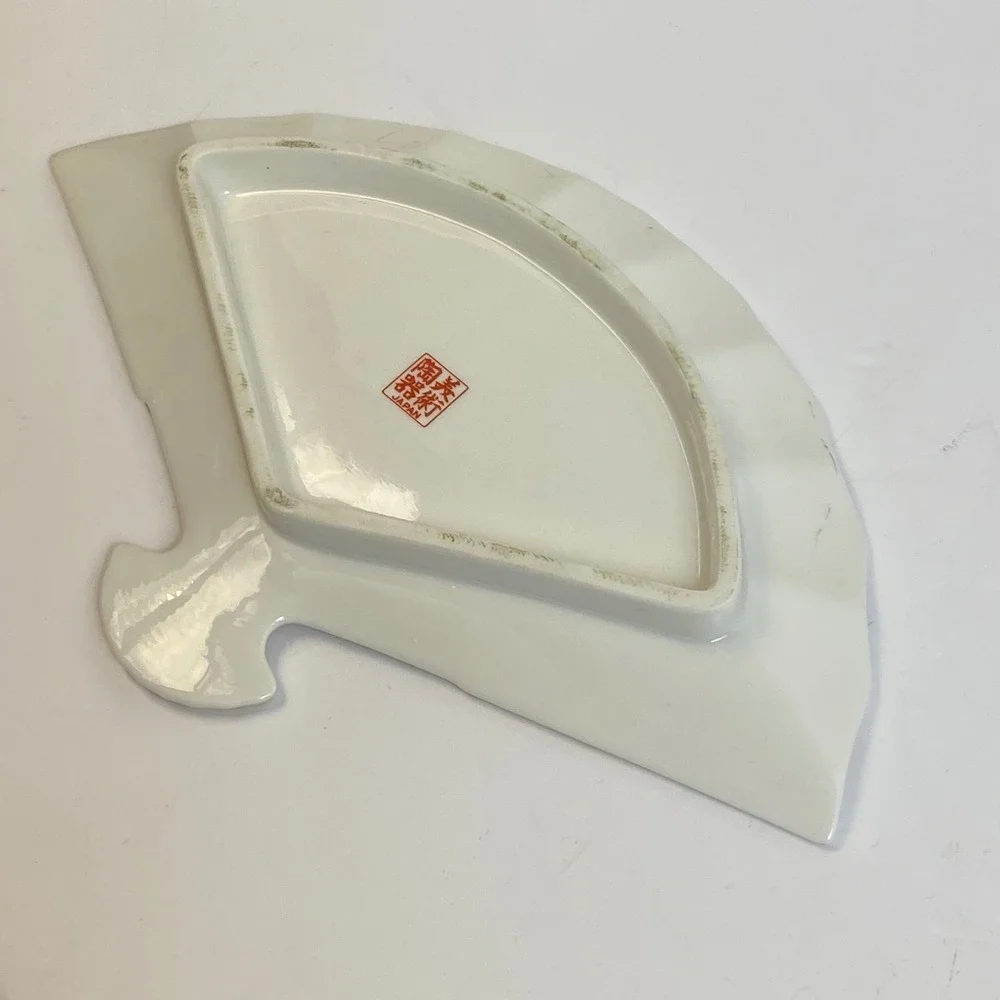 Japan Bijutsu Toki Fan Shaped Porcelain Trinket Dish White Pink Lotus Gold Rim